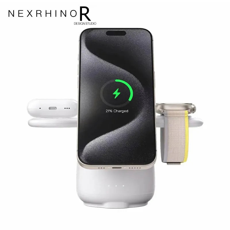 NexRhino  Supports Qi2 protocol White Pigeon for Apple 12-15 Series iPhone iWatch AirPods Headset 3-in-1 Magnetic Wireless Charger