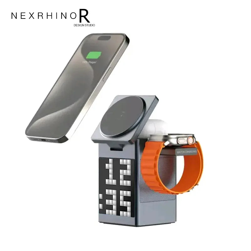 NexRhino Qi2 6-in-1 MagSafe Wireless Charging Station with LED Display & Alarm Clock Function