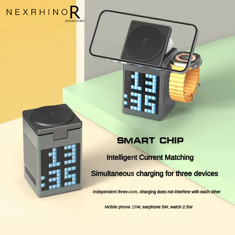 NexRhino Qi2 6-in-1 MagSafe Wireless Charging Station with LED Display & Alarm Clock Function