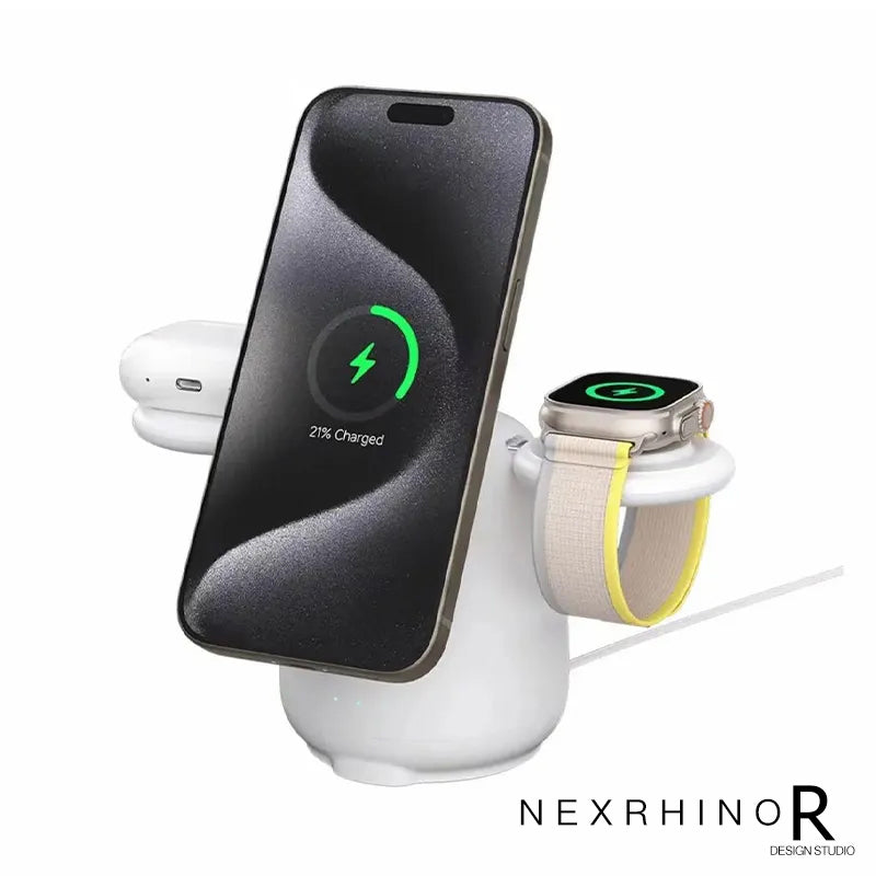 NexRhino  Supports Qi2 protocol White Pigeon for Apple 12-15 Series iPhone iWatch AirPods Headset 3-in-1 Magnetic Wireless Charger