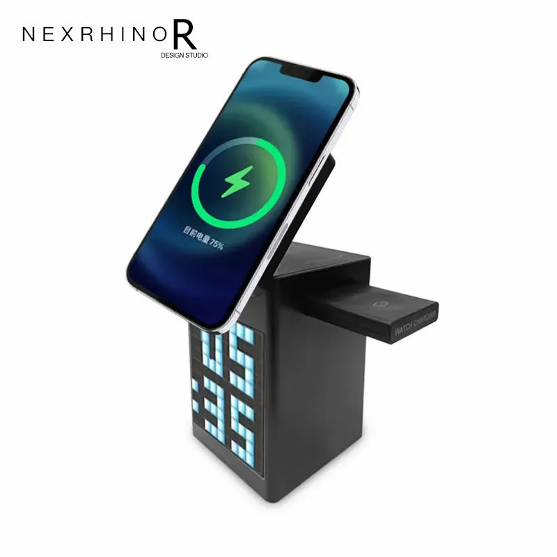 NexRhino Qi2 6-in-1 MagSafe Wireless Charging Station with LED Display & Alarm Clock Function