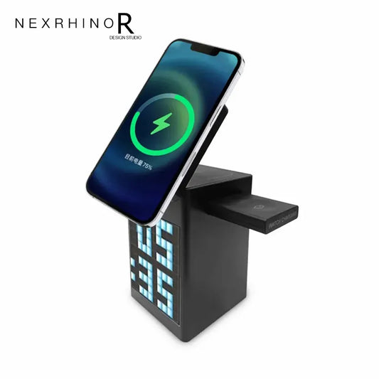 NexRhino Qi2 6-in-1 MagSafe Wireless Charging Station with LED Display & Alarm Clock Function