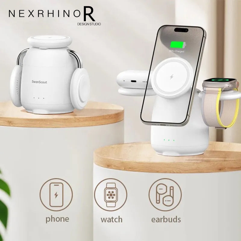 NexRhino  Supports Qi2 protocol White Pigeon for Apple 12-15 Series iPhone iWatch AirPods Headset 3-in-1 Magnetic Wireless Charger
