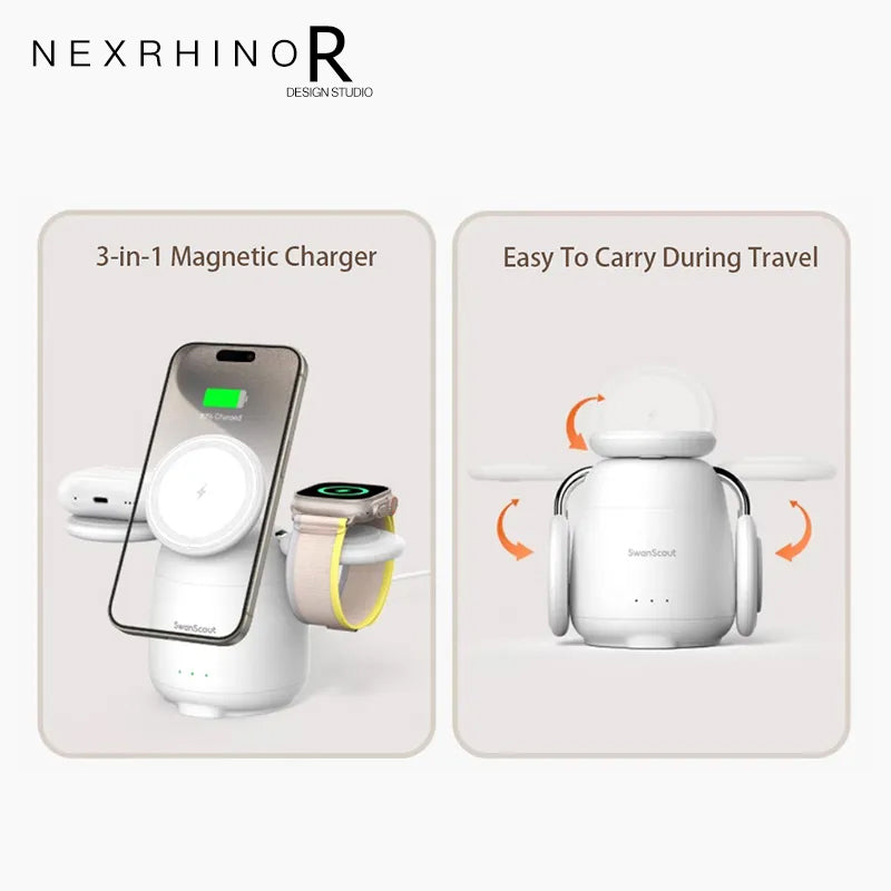 NexRhino  Supports Qi2 protocol White Pigeon for Apple 12-15 Series iPhone iWatch AirPods Headset 3-in-1 Magnetic Wireless Charger